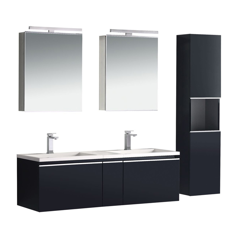 48” Black Double Sink Modern Bathroom Vanity With Double Medicine Cabinet